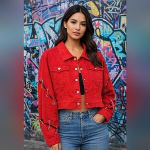 Azalea Vibrant Red Denim Jacket with Chain ties, size 1x